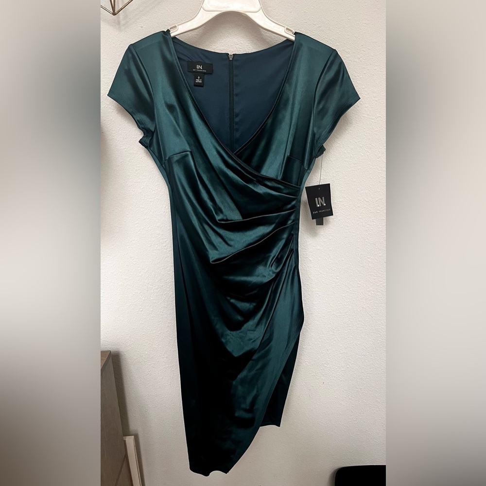 I.N. San Francisco Deep Emerald Satin Wrap Midi Dress